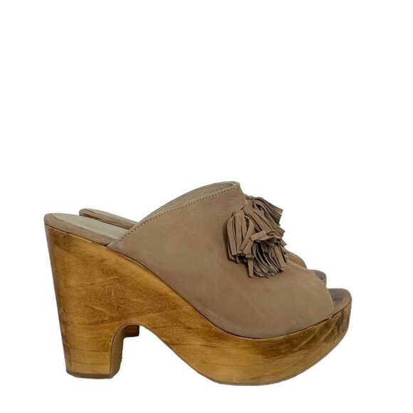 Five Worlds by Cordani Mushroom Tan Leather Nubuck Wood Heel Platform Clogs 10 - Picture 1 of 8